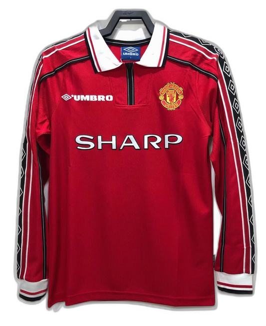 Manchester United 1998 I Home Camisa - Manga Longa Versão Retrô